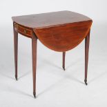 A George III mahogany and satinwood banded Pembroke table, the oval top with twin drop leaves