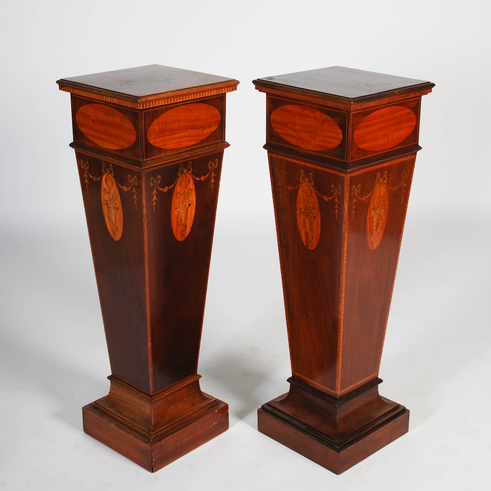 A near pair of Edwardian mahogany and marquetry inlaid pedestals, the square tops above oval - Image 2 of 5