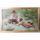 R. Devane (20th century) Boy playing flute and companion oil on canvas, signed lower right 53cm x