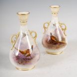 A pair of Royal Worcester twin handled bottle vases decorated by JAS. Stinton, dated 1903, both