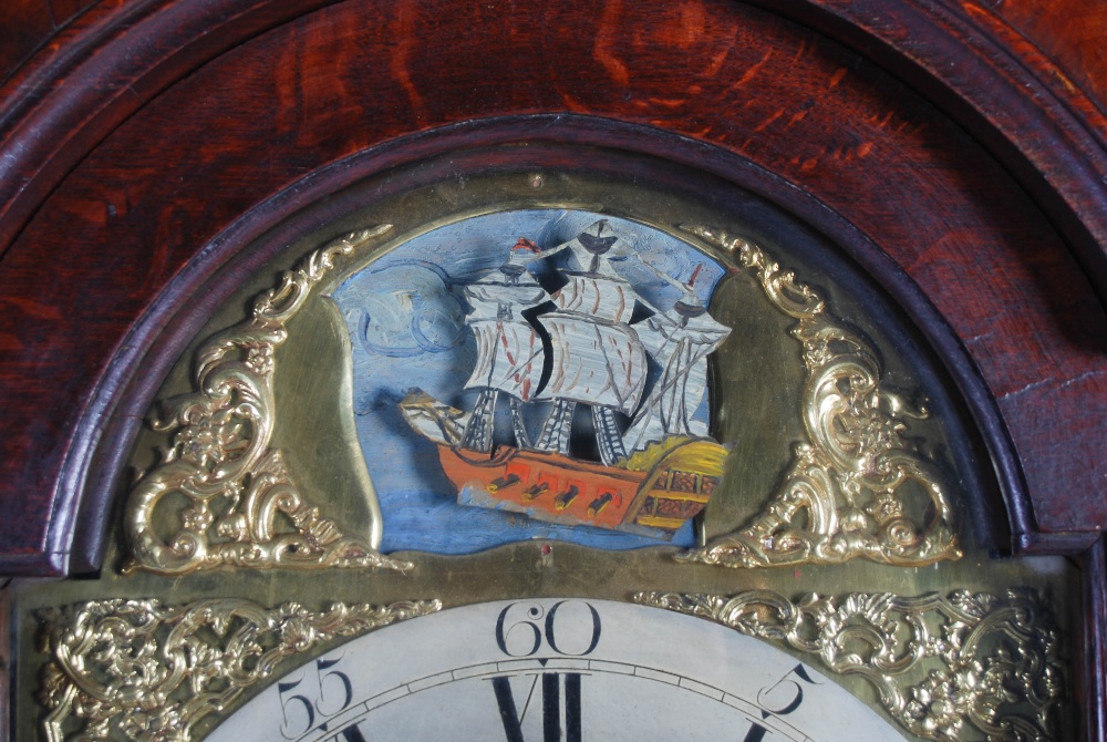 An 18th century oak automata longcase clock, I.P., the brass dial with silvered chapter ring bearing - Image 4 of 7