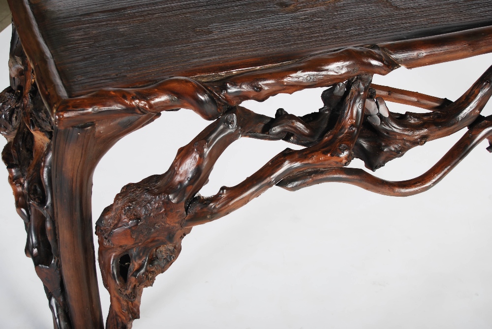 A 19th century organic branch wood console table, the rectangular planked top above an entwined - Image 3 of 6