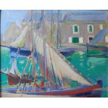 David W. Gunn (fl.1924-1929) Harbour scene, France, 1936, with Market scene verso oil on board,