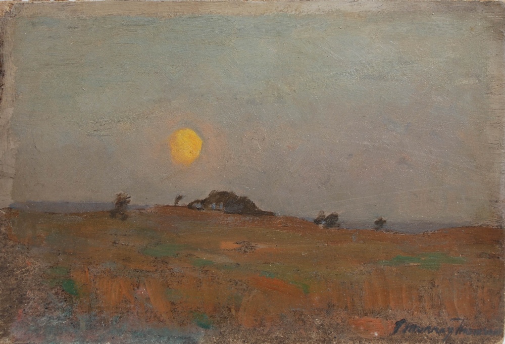 AR John Murray Thomson RSA RSW PSSA (1885-1974) Summer sunset with hay stooks oil on board, signed - Image 4 of 6