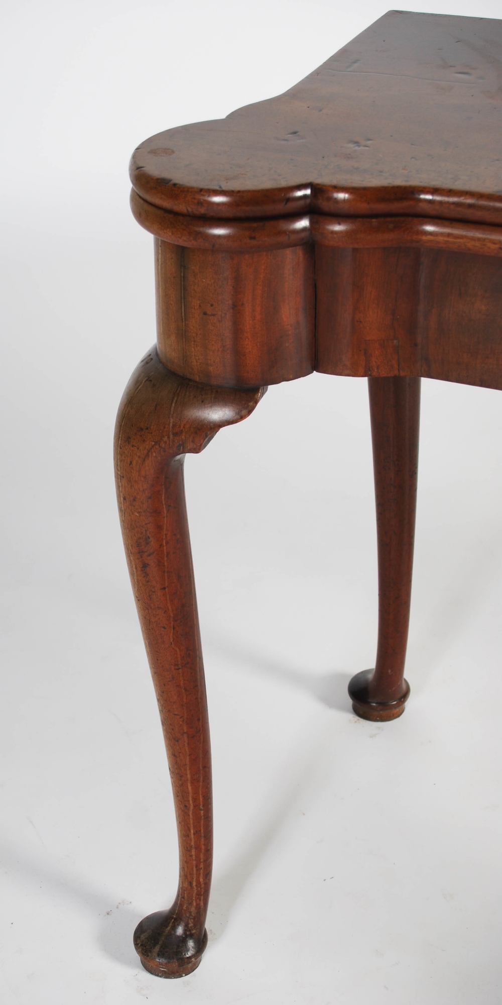 A George III mahogany concertina action card table, the shaped rectangular top opening to a green - Image 5 of 5