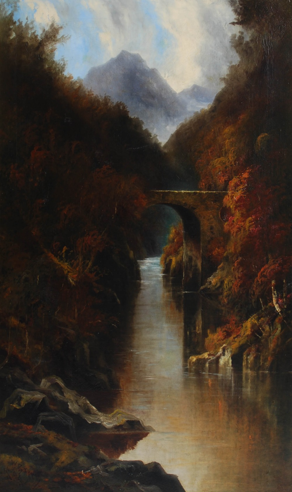 W. Barry (19th century) Autumnal river scene with bridge and mountains oil on canvas, signed and