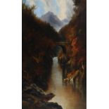 W. Barry (19th century) Autumnal river scene with bridge and mountains oil on canvas, signed and