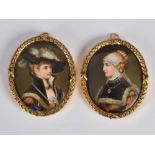 A pair of late 19th century Continental porcelain gilt metal mounted portrait panels, 7.5cm x 6cm.