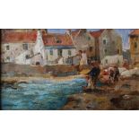 Joseph Milne (1857-1911) Fishing of the harbour wall, East Fife oil on board, signed lower right