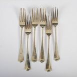 A set of six George III silver table forks, London, 1815, makers mark T.B, Old English pattern