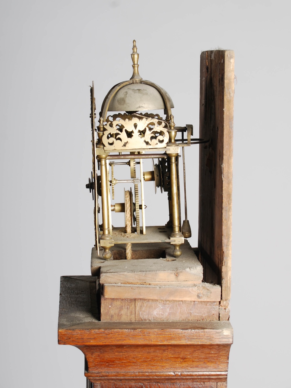 An 18th century lantern clock in an oak longcase, John Dison, St. Ives, the 5" brass dial with a - Image 5 of 5