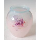 A Monart glass vase, shape HF, mottled blue and pink with three typical purple whorls with gold