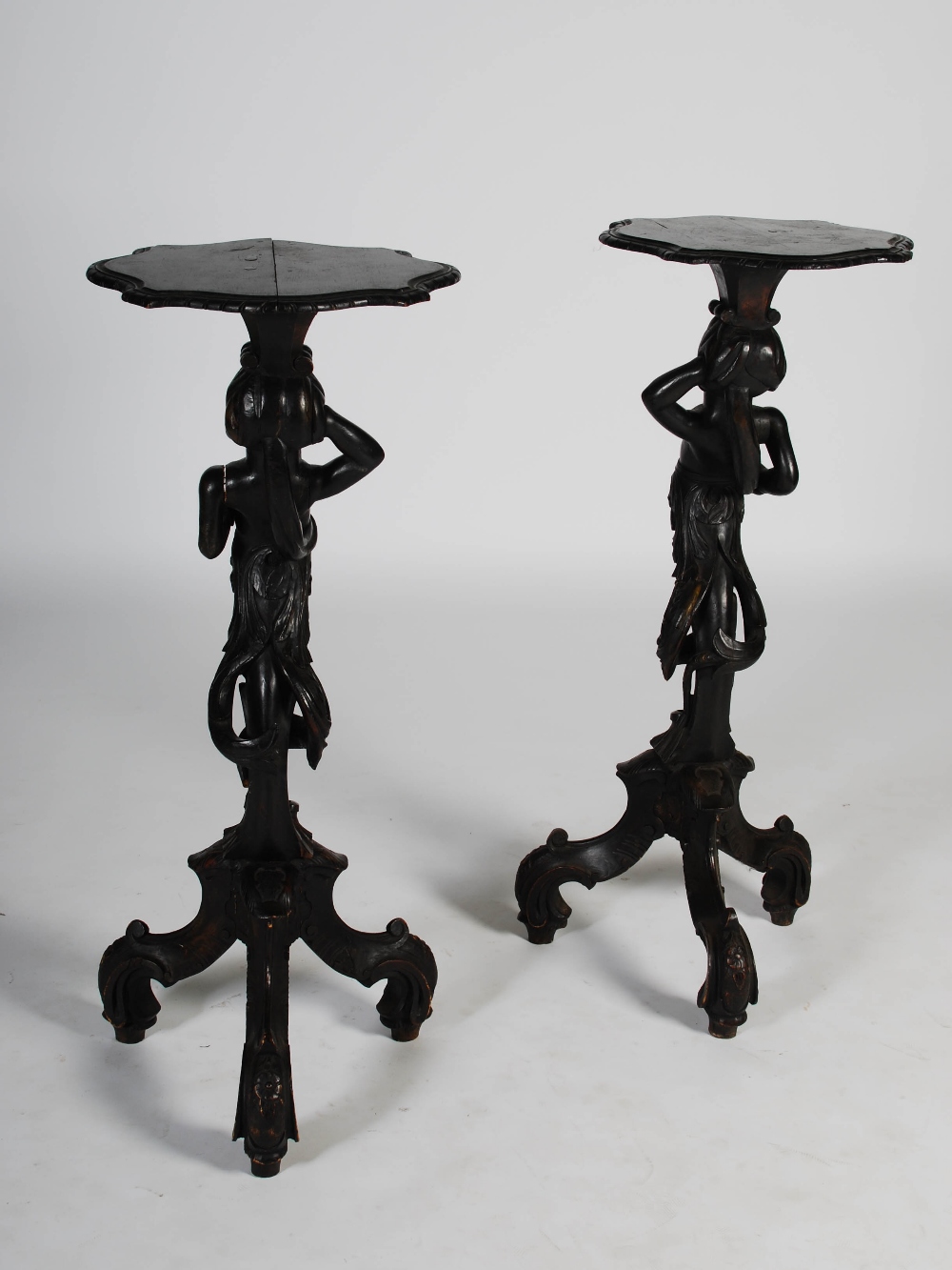 A pair of late 19th/early 20th century carved and stained wood blackamoor torcheres, the shaped - Image 8 of 8