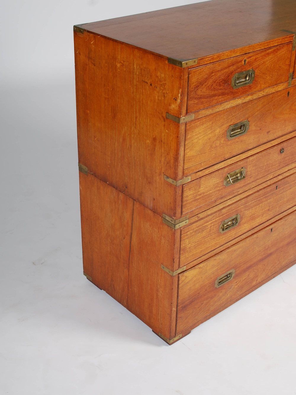 A 19th century teak and brass bound two part secretaire chest, the upper section with two short - Image 3 of 7