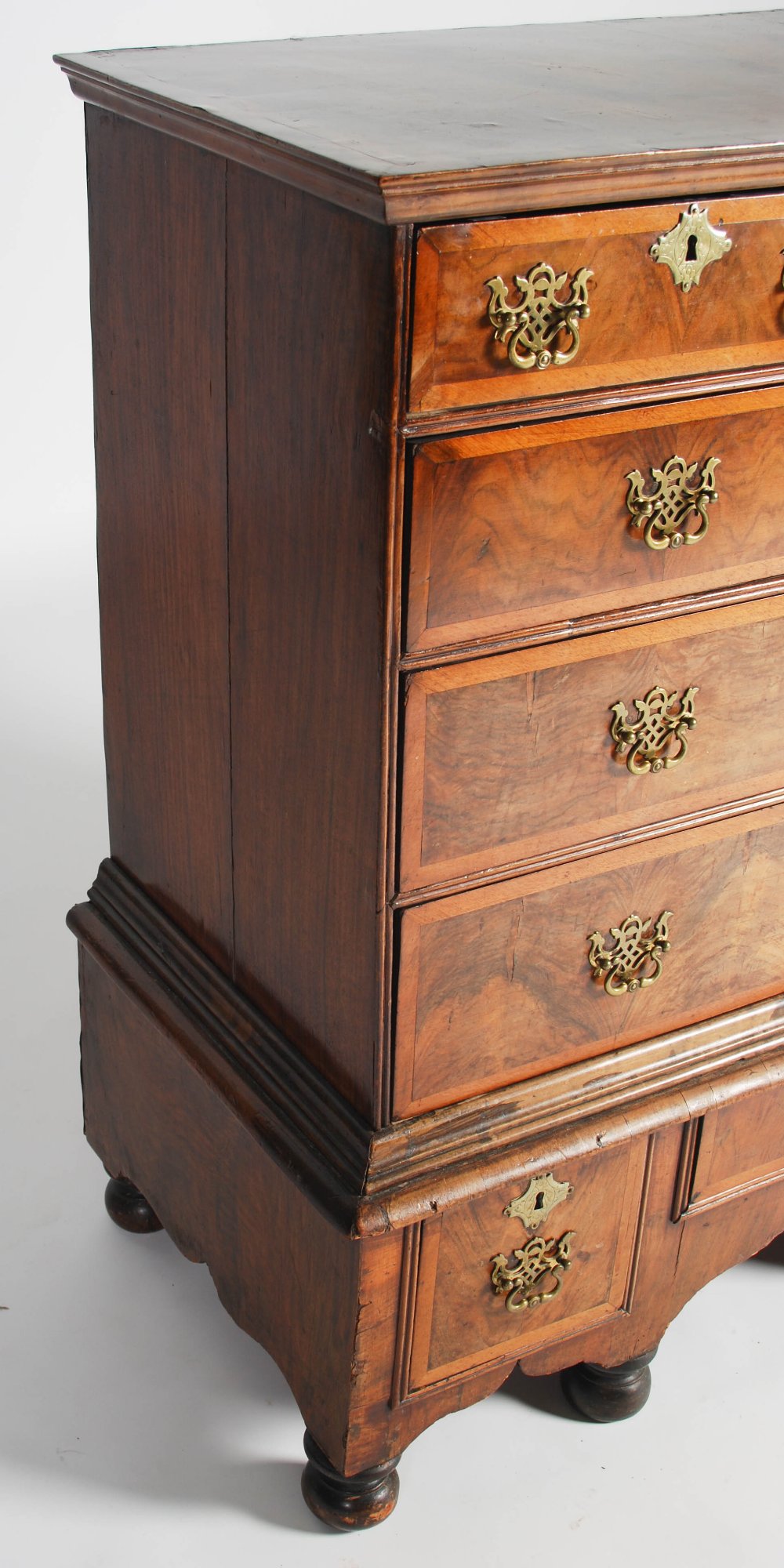 A William & Mary walnut chest on stand, the rectangular top with moulded edge above two short and - Image 4 of 9