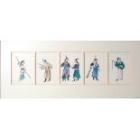 Five Chinese watercolours on pith paper mounted in one frame, Qing Dynasty, each 14cm x 9.5cm,