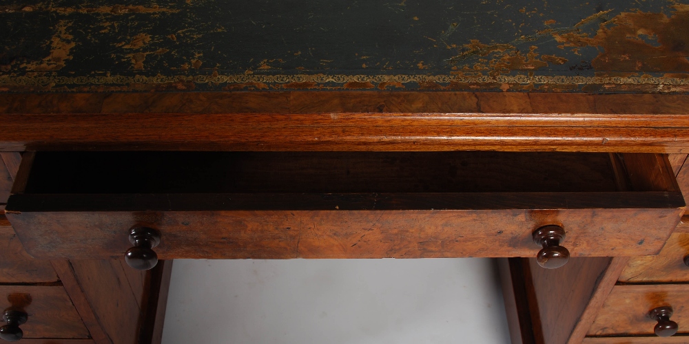 A Victorian walnut Country House pedestal desk, the rectangular top with green and gilt tooled - Image 7 of 11