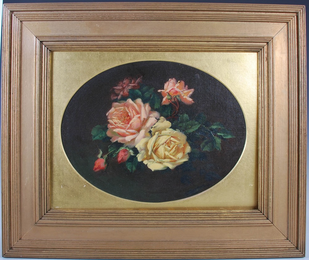 Attributed to James Stuart Park (1862-1933) Still life with pink and yellow roses oil on canvas, - Image 2 of 4