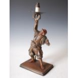 A Japanese bronze figure of a samurai warrior, Meiji period, converted to a lamp, on rectangular