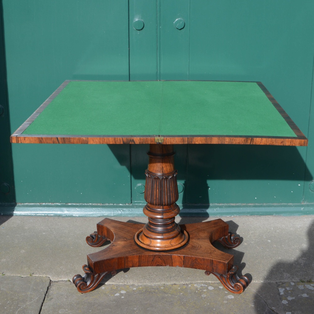 A 19th century rosewood card table, the rectangular top opening to a green baize lined interior, - Image 2 of 2