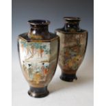 A pair of Japanese Satsuma pottery blue ground hexagonal shaped vases, Meiji period, decorated