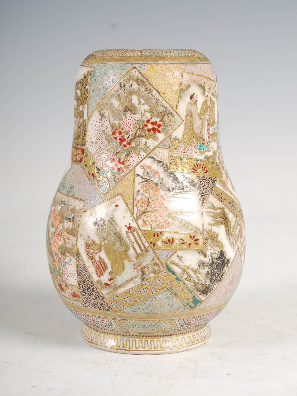A Japanese Satsuma pottery gourd shaped vase, Meiji period, decorated with rectangular panels - Image 4 of 6