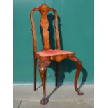 A tall late 19th/ early 20th century Dutch mahogany and marquetry inlaid side chair, the red leather