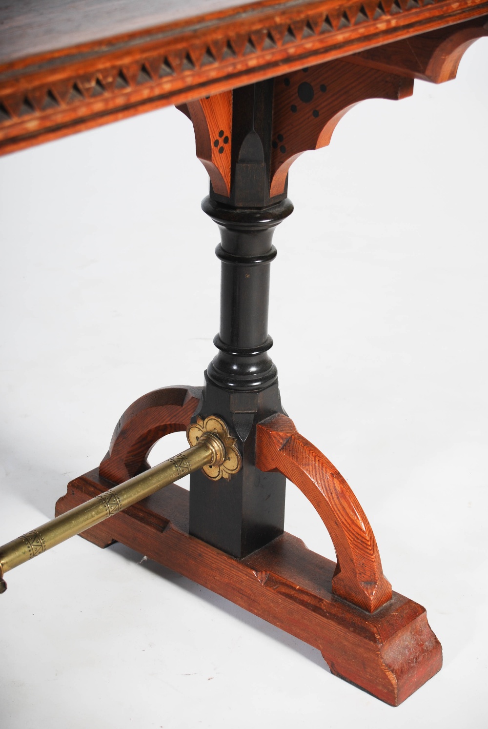 A 19th century pine, ebonised and brass altar table in the manner of A. W. N. Pugin, the rectangular - Image 4 of 5