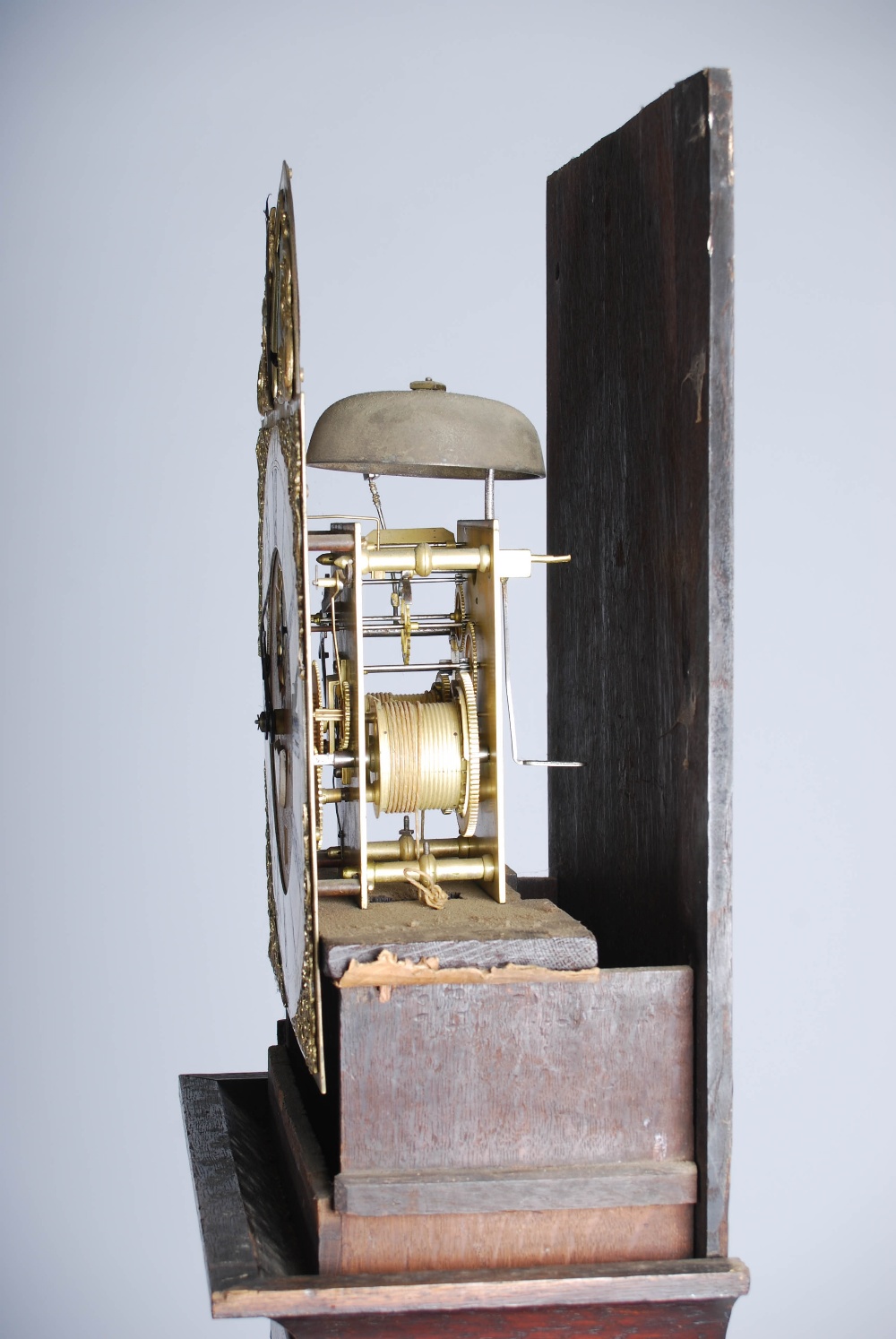 An 18th century oak automata longcase clock, I.P., the brass dial with silvered chapter ring bearing - Image 6 of 7