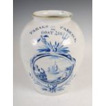 An 18th century blue and white Delft tobacco jar, inscribed 'TABAKS-FABRIEK DE OOST ZEE' above a