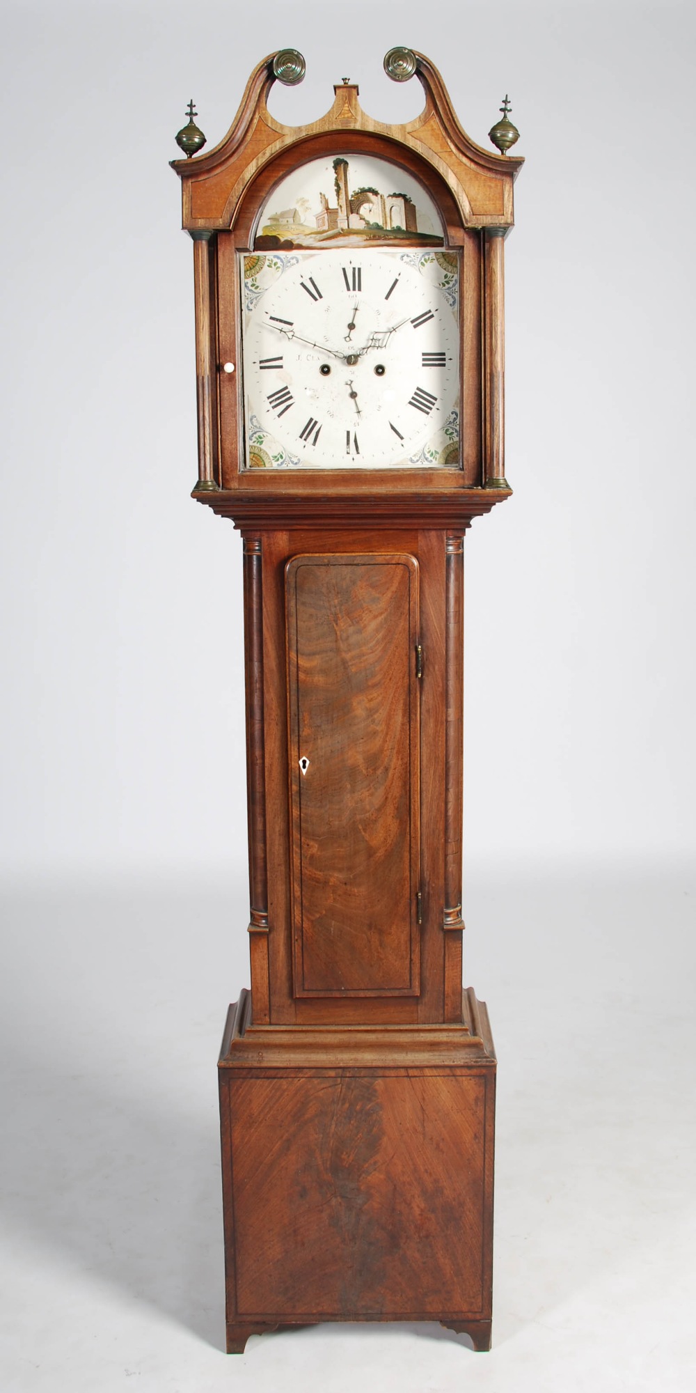 A George III mahogany boxwood and ebony lined longcase clock, J. Claw, Forfar, the enamelled dial