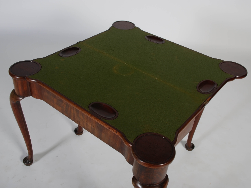 A George III mahogany concertina action card table, the shaped rectangular top opening to a green - Image 3 of 5