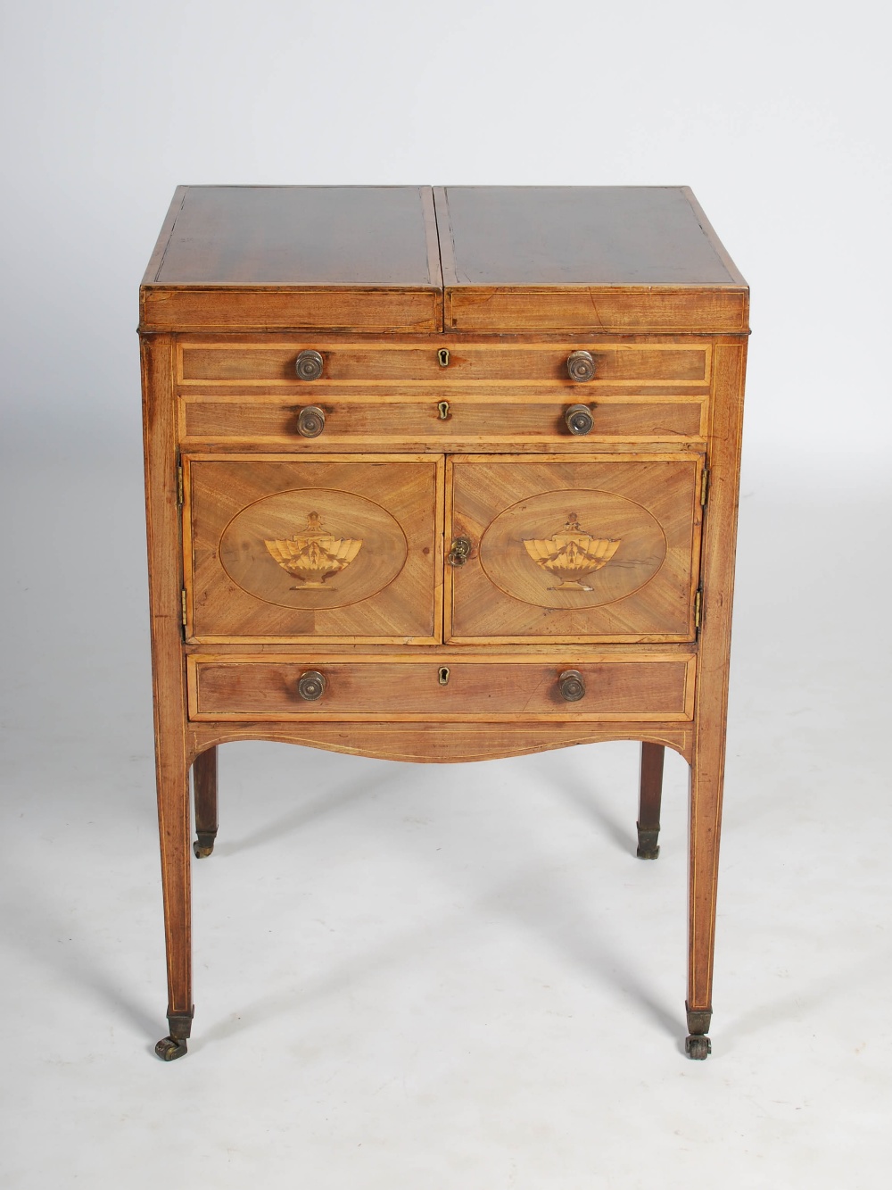 A George III mahogany and satinwood banded wash stand, the hinged rectangular top opening to a - Image 2 of 8