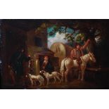 Follower of George Morland (1763-1804) Huntsman arriving at Tavern with dogs, horse, attendant and