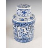 A Chinese porcelain blue and white tea canister and cover, four character Kangxi mark but later, the
