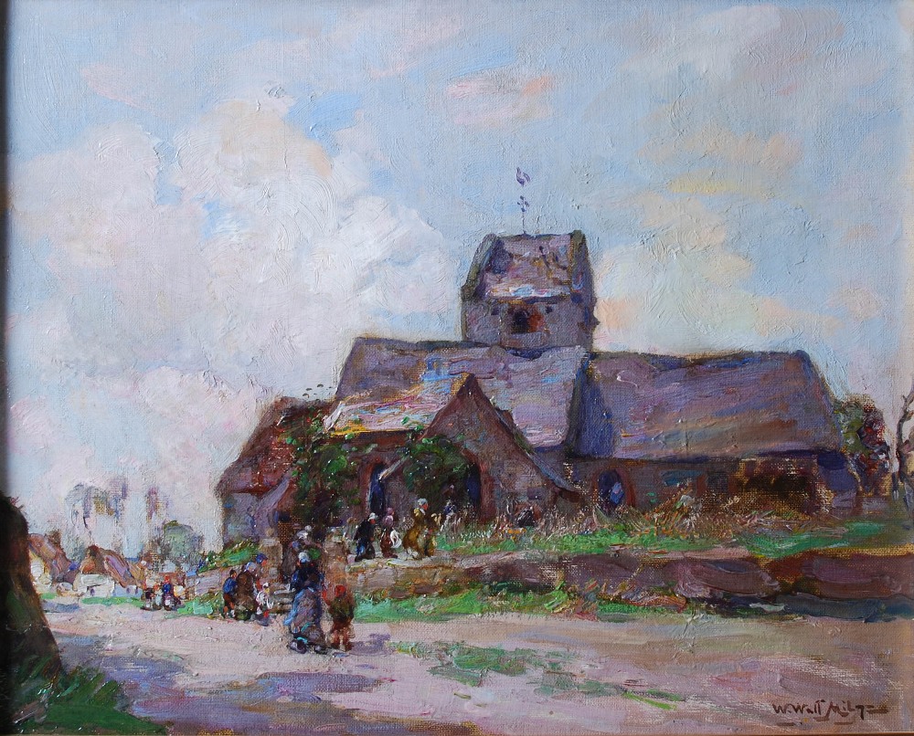 AR William Watt Milne (1869-1949) Going to Church oil on canvas board, signed lower right 29.5cm x