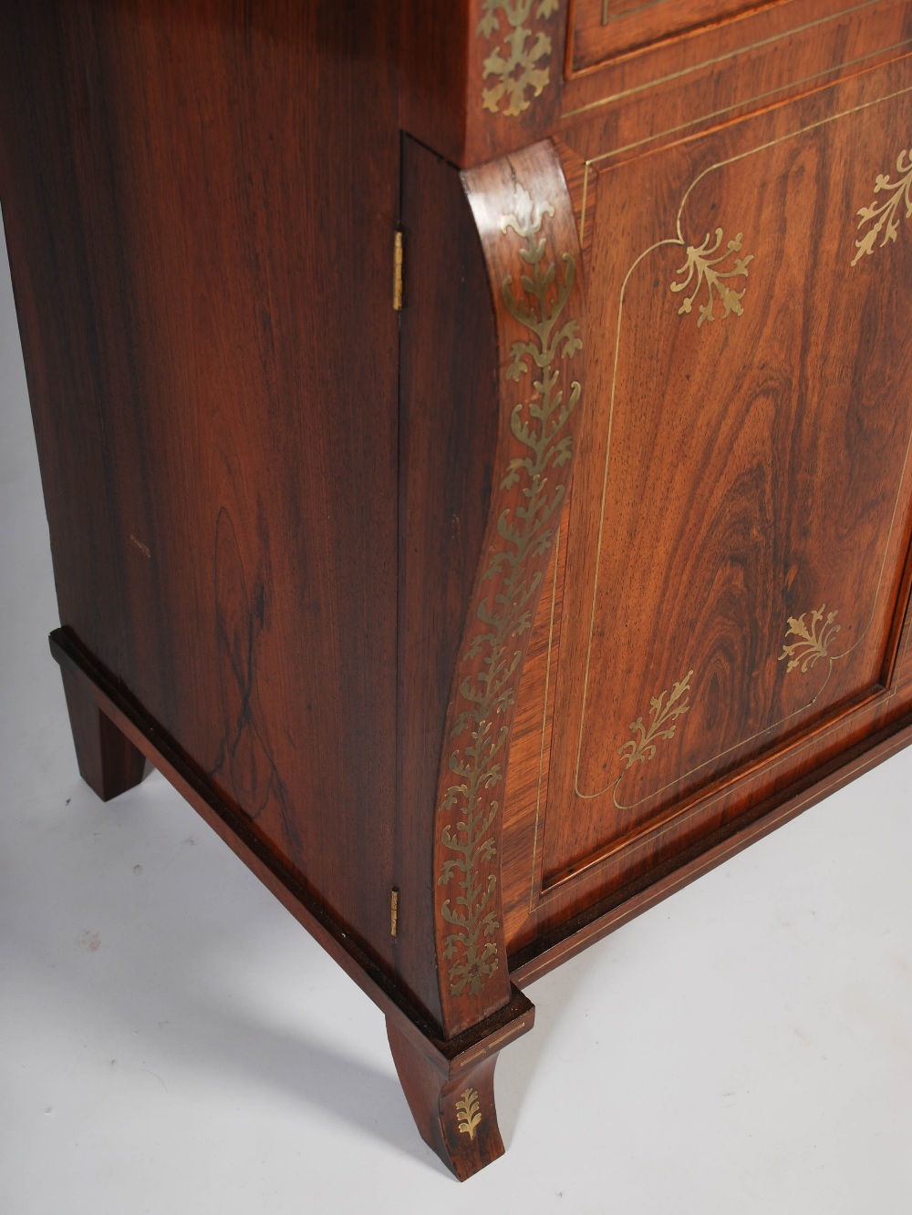 A 19th century Regency style rosewood and brass inlaid secretaire chiffonier, the upper section with - Image 5 of 7