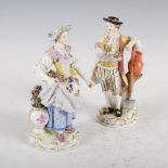 A pair of Meissen porcelain gardening figures, the male figure modelled standing beside a tree stump