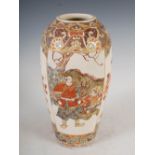 A Japanese Satsuma pottery bullet shaped vase, Meiji period, decorated with panels of figures