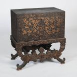 A 19th century Anglo Indian lacquered chest on stand, the rectangular chest decorated with panels of