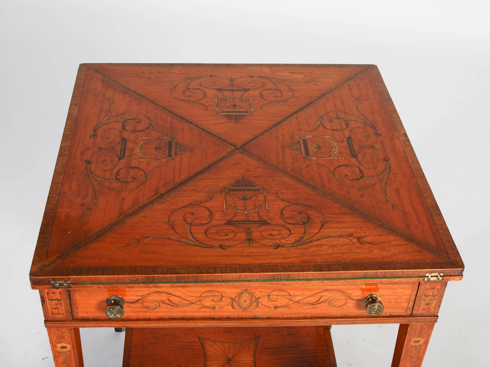 An Edwardian satinwood and marquetry inlaid envelope card table, the square top with four hinged - Image 2 of 7