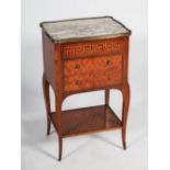 A late 19th century French mahogany and parquetry inlaid bedside cabinet, the rectangular top with