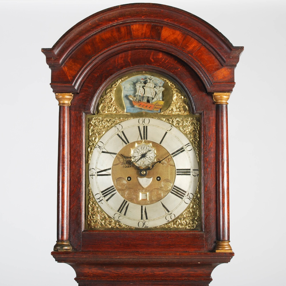 An 18th century oak automata longcase clock, I.P., the brass dial with silvered chapter ring bearing - Image 2 of 7