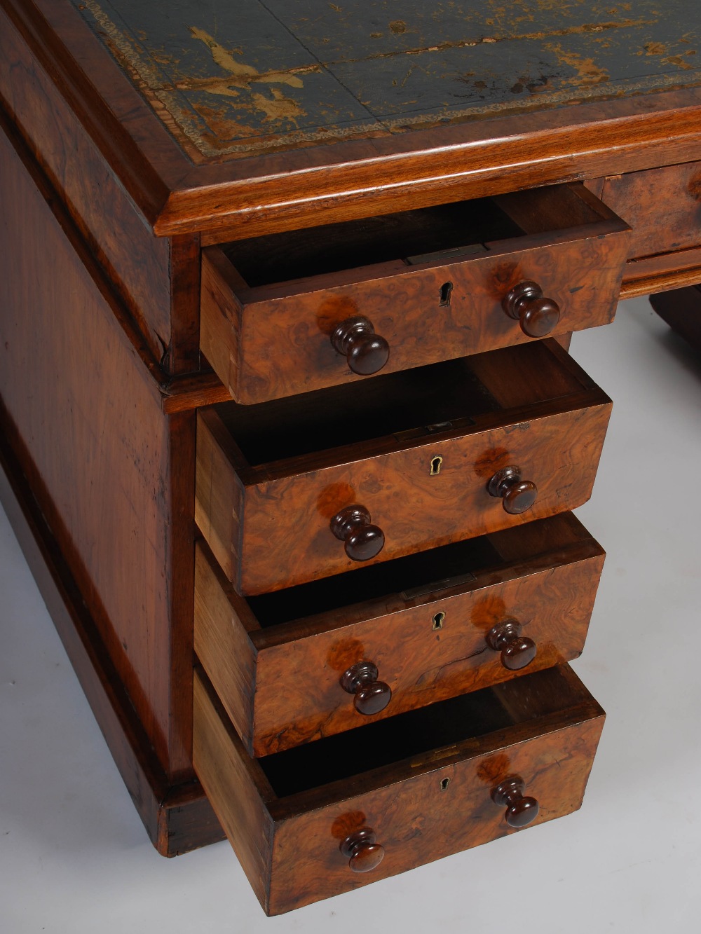 A Victorian walnut Country House pedestal desk, the rectangular top with green and gilt tooled - Image 9 of 11