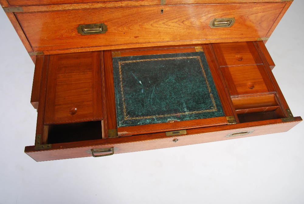 A 19th century teak and brass bound two part secretaire chest, the upper section with two short - Image 7 of 7