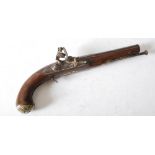 An 18th century flint lock pistol by SHARP, LONDON, the 8" tapered round barrel with lock plate