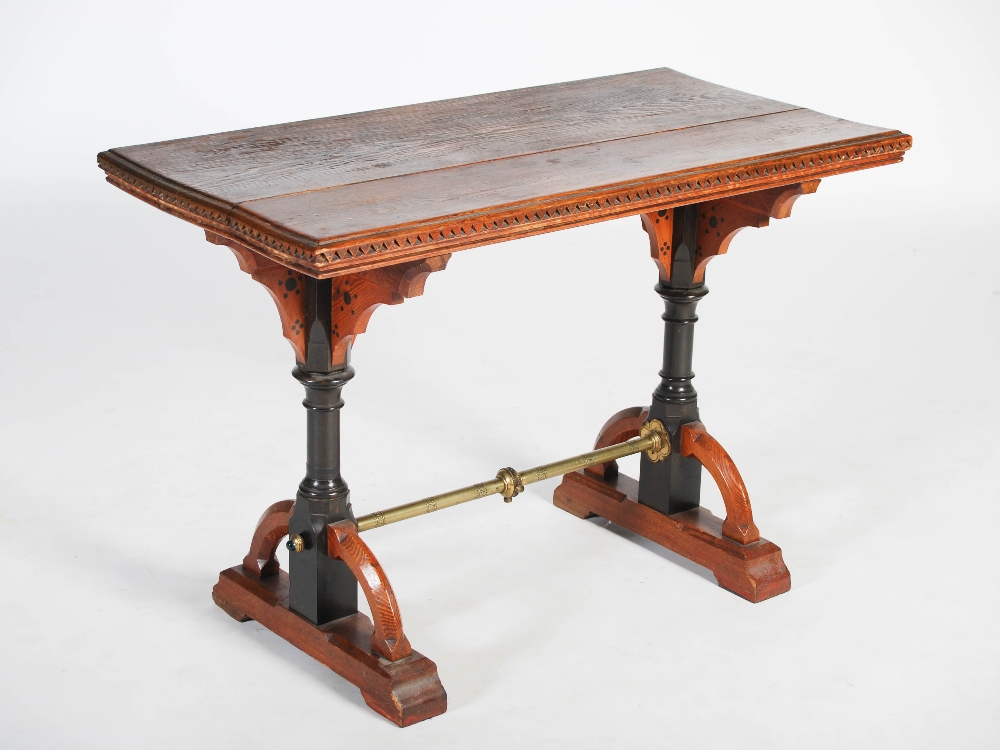 A 19th century pine, ebonised and brass altar table in the manner of A. W. N. Pugin, the rectangular