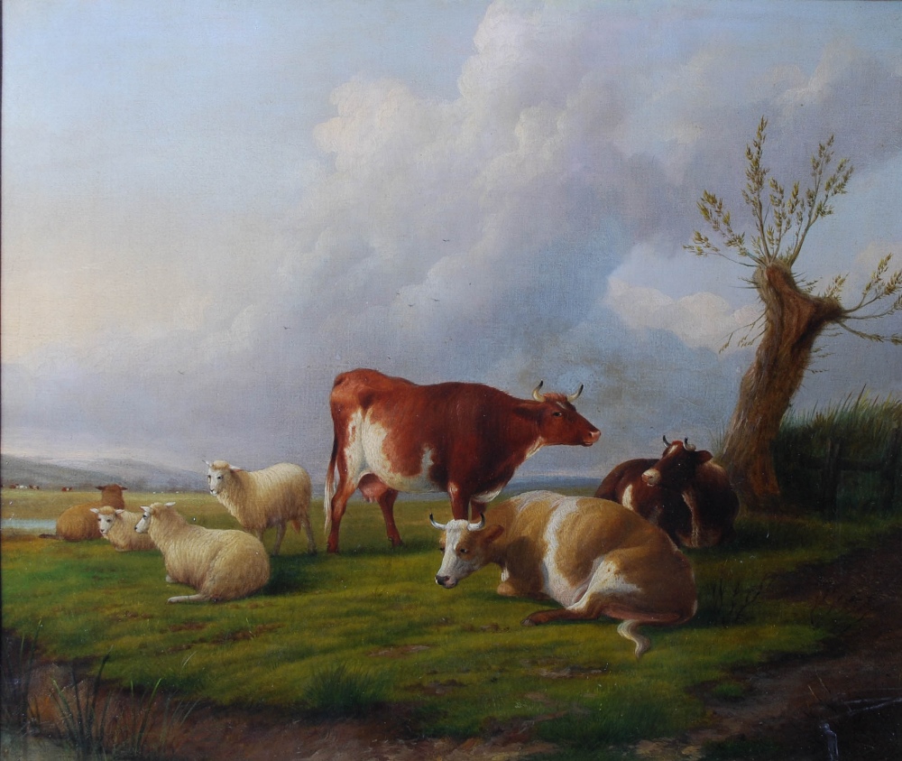 Follower of George Morland (1763-1804) Cattle and sheep grazing oil on canvas 48cm x 57cm
