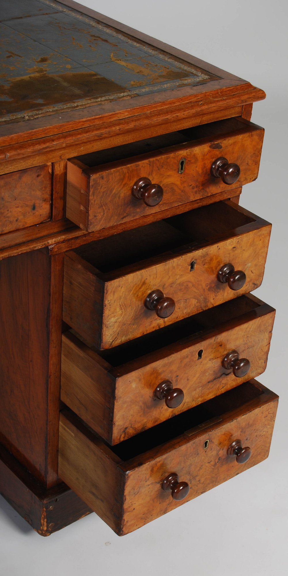 A Victorian walnut Country House pedestal desk, the rectangular top with green and gilt tooled - Image 6 of 11