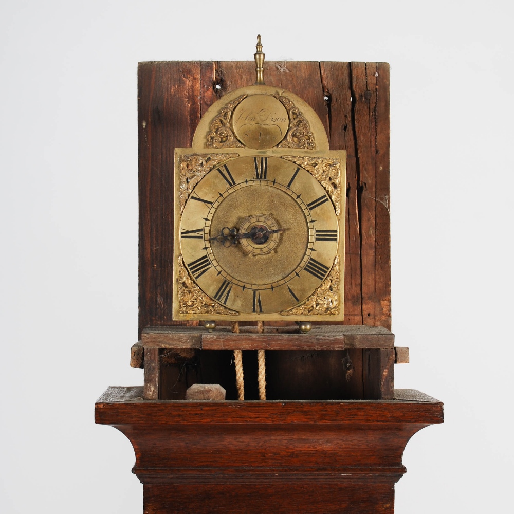 An 18th century lantern clock in an oak longcase, John Dison, St. Ives, the 5" brass dial with a - Image 3 of 5